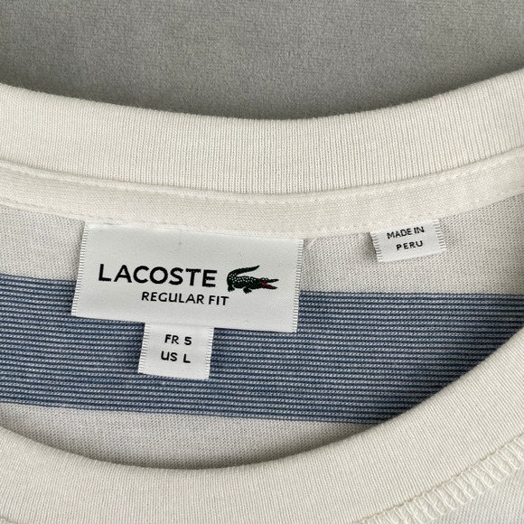 Lacoste Regular Fit Striped Crew Neck T Shirt Mens 5/L White Blue Casual Croc - Picture 4 of 7